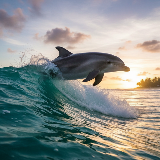 Dolphin leaping out of ocean wave at sunset near coastline