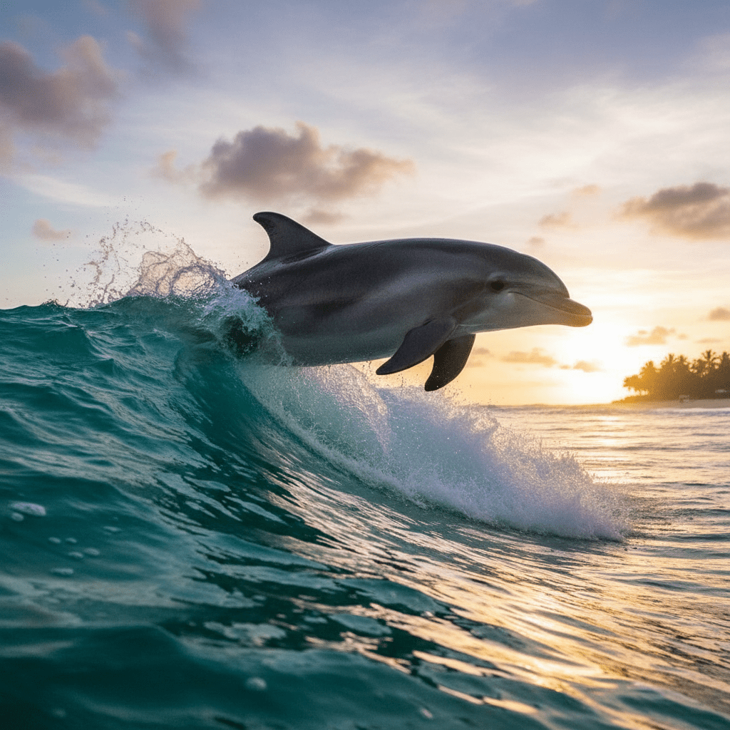 Dolphin leaping out of ocean wave at sunset near coastline